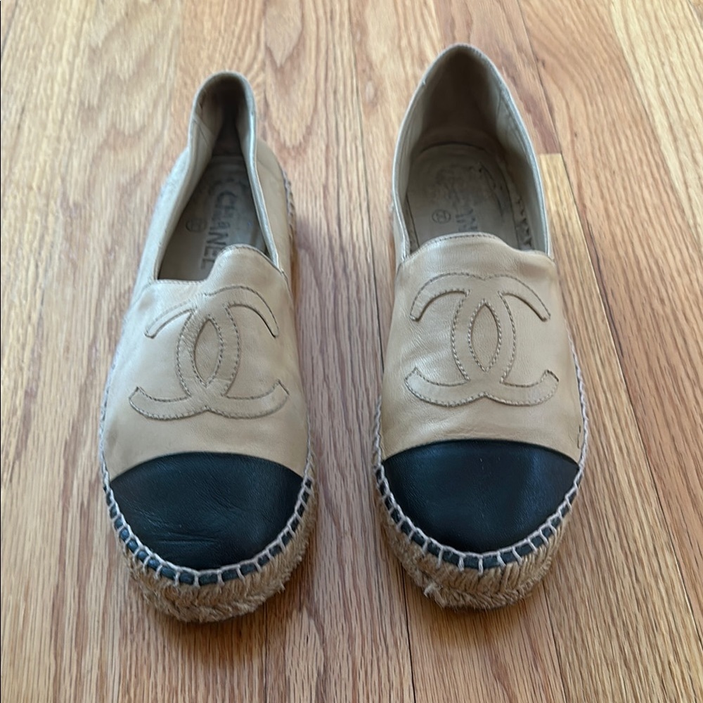 Chanel Beige and Black Espadrille Flats